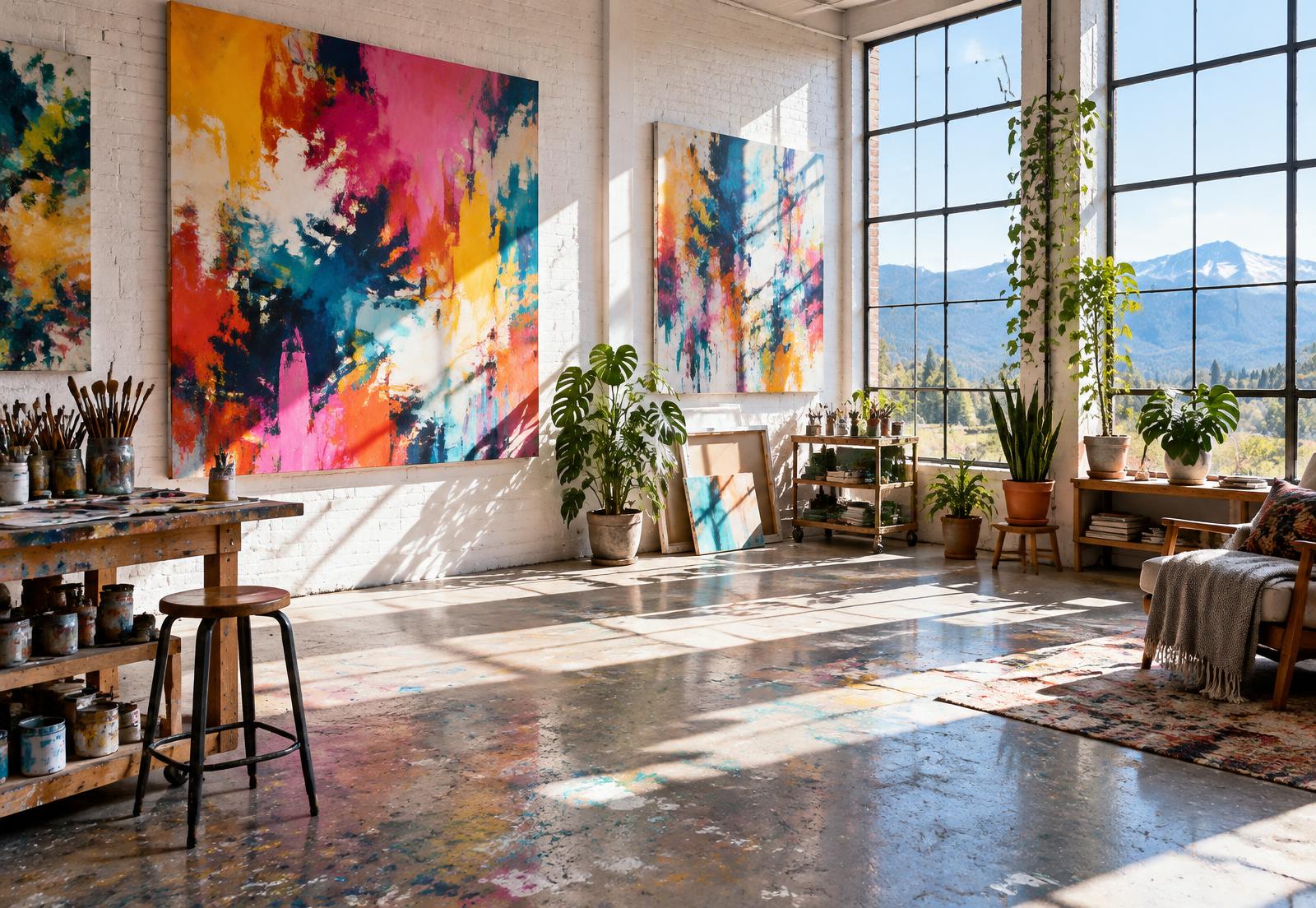 Sunlit Asheville artist studio filled with colorful paintings